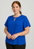A blue short sleeve blouse with a keyhole detail and a loose fit, featuring a logo on the lower hem.