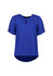 A blue women's short sleeve blouse with a keyhole detail and a flowing hemline. It features a logo.