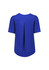 A blue women's short sleeve blouse featuring a pleated back design and soft fabric. It includes a logo.