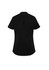 A black short sleeve blouse with a curved hem and a small pleat at the back. It includes a logo.