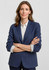 A navy blue women's blazer with a tailored fit and a branding logo. The model has arms crossed, displaying the jacket.