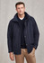 A navy men's comfort jacket with a hood, featuring a front zip and snap closure, and a logo on the chest.