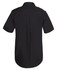 A black button-up shirt with a collar and short sleeves, featuring a back pleat and a logo on the shoulder.