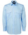 A button-up shirt in light blue with two chest pockets and shoulder epaulets. Features a logo on the collar.
