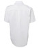 A white short-sleeve button-up shirt with a back pleat and a logo on the label.