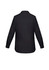 A black women's long sleeve button-up shirt with a back view, featuring a collar and button details.