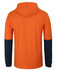 An orange long-sleeve cotton tee with a hood, featuring navy blue sleeves and a logo on the front.
