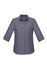 A grey women's button-up shirt with a 3/4 sleeve design and a collar, featuring a logo on the side.