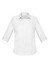 A white button-up shirt with three-quarter sleeves and a collar. Features a branded logo.