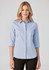 A light blue women's button-up shirt with 3/4 sleeves, featuring a collar and a branding logo.