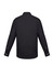 A black men's long sleeve button-up shirt with a classic fit and cuffed sleeves. It features a logo on the back.
