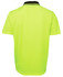 A high-visibility yellow polo shirt with a black collar and branding. The back view displays a smooth, lightweight fabric.