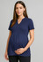 A navy blue Women's Mali Stretch Tunic T-Top featuring a v-neck design, suitable for maternity wear. It has a logo.