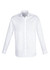 A white long sleeve button-up shirt with a classic collar and a logo on the chest.