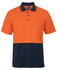 An orange and navy striped polo shirt with a collar and a chest pocket, featuring a logo.