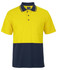 A short-sleeved cotton pique polo in bright yellow and navy, featuring a pocket and a logo.