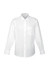 A white long sleeve button-up shirt with a single chest pocket and a collar. Features logo branding.