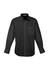 A black long sleeve button-up shirt with a chest pocket and a collar. It features a logo on the label.