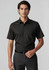 A short-sleeve black button-up shirt on a male model, featuring a chest pocket and a sleek design.