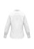 A white women's luxe long sleeve button-up shirt with a collar and buttoned cuffs. It features a branded logo.