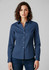 A navy long sleeve button-up shirt featuring a collared neckline and a fitted design. It has a logo on the chest.