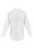 A white long sleeve button-up shirt with a collar and back pleat detail. It features buttons at the cuffs and a logo.