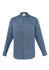 A blue long sleeve button-up shirt with a collar and a logo on the chest.