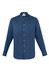 A navy long sleeve button-up shirt with a collar and a logo on the chest.