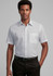 A men's short sleeve button-up shirt in light grey with a chest pocket and a logo.