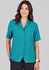 A teal overblouse with short sleeves, featuring a button-up front and a single chest pocket.