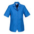 A short-sleeved blue overblouse with a collar and a single chest pocket, featuring buttons down the front and a logo.