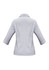 A light grey women's button-up shirt with 3/4 sleeves and a collar, featuring button details on the cuffs and a back seam.
