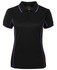 A black polo shirt with purple piping, featuring a collar and a half-zip design, with a logo.