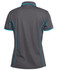 A grey polo shirt with turquoise piping, featuring a collar and short sleeves, with a logo on the back.