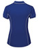 A women's polo shirt in blue, featuring white piping along the seams and a logo on the back.