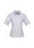 A button-up shirt in light grey with short sleeves and a fitted design, featuring a subtle branding logo.