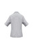 A light grey women's short sleeve button-up shirt featuring a collar and rolled sleeves. It has a subtle logo.