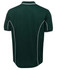 A dark green polo shirt featuring white piping details along the seams and a collar. It has a logo on the side.