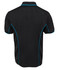A black polo shirt featuring blue piping along the seams and a logo on the front.