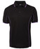 A black polo shirt featuring purple piping details and a three-button placket. It has a logo on the collar.