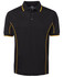 A black polo shirt with yellow piping, featuring a collar and a button placket, and a branded logo.