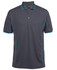 A grey polo shirt with blue piping details and a logo on the collar.