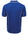 A blue polo shirt with white piping and a logo on the back. 