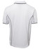 A white polo shirt featuring contrasting piping along the seams and a logo on the front.