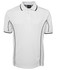 A white polo shirt featuring black piping along the seams and a logo on the tag.