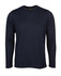 A long-sleeve navy T-shirt with a round neckline and a logo on the tag.