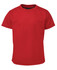 A red t-shirt with short sleeves and a round neck, featuring a logo on the front.