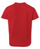 A red T-shirt with a plain back and short sleeves, featuring a logo on the neck.