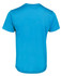 A blue T-shirt with a smooth fabric texture and a crew neck, featuring a logo on the back.
