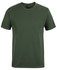 A green t-shirt with a round neckline, short sleeves, and a logo on the collar.